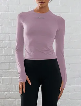 Top corto de manga larga con agujero para el pulgar, de material elástico, para actividades como pádel, tenis, pickleball y gimnasio - Shein - FashionsVida