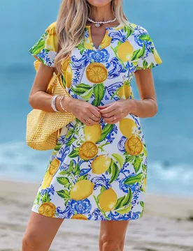 Vestido corto de tejido con estampado floral barroco azul elegante, de escote en V, estilo minimalista y casual, adecuado para primavera/verano, para - Shein - FashionsVida