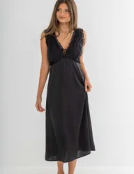Dusk Satin & Lace Plunge Midi Chemise Black female