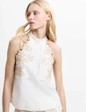 Cotton Blend Embroidered Beaded Top White Mix female - French connection - FashionsVida