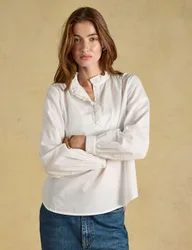 Pure Cotton Ruffle Neck Long Sleeve Blouse White female