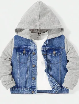 Chaqueta vaquera con capucha de estilo casual y parches para niño, adecuada para primavera y otoño, chaqueta vaquera con capucha y cremallera 4Y - Shein - FashionsVida
