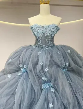 Shiny blue-gray Quinceanera Dress Lace crystal glitter 3D flower decal Long tail vestidos de 15 Quinceanera ﻿Customized - Aliexpress - FashionsVida