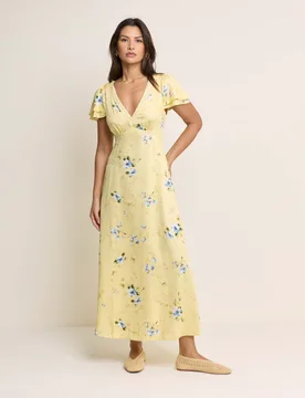 Floral V-Neck Midaxi Waisted Dress Yellow Mix female - Nobody's Child - FashionsVida