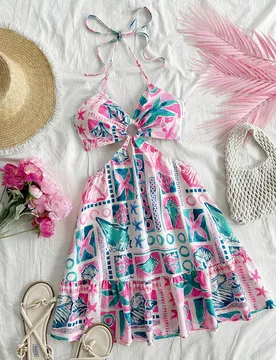 Vestido bohemio de línea A para el verano con estilo de vacaciones, impresión de elementos del océano color verde menta, corte a la cintura, anillo - Shein - FashionsVida