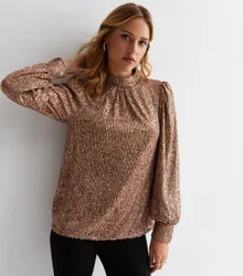 Womens Sequin High Neck Loosefit Blouse - Brown - Size 10 Uk