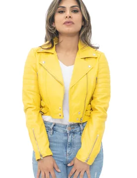 Womens Cropped Brando Biker Jacket-Damascus - Yellow - Size 12 Uk - Infinity Leather - FashionsVida
