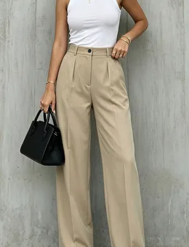 Pantalones de pierna ancha con pliegues de cintura alta elegantes para mujer, pantalones de traje casual para ir al trabajo, con caída y bolsillos pa - Shein - FashionsVida