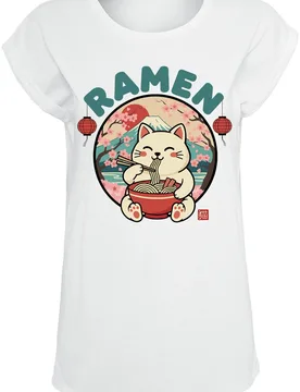 T-Shirt - Ramen Cat - L bis XXL - für Damen - Größe XL - weiß - Frauen - female - Tierisch - FashionsVida