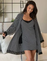 Ribbed Cotton Jersey Stripe Lace Trim Gown Black Mix female
