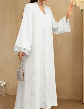Vestido de manga larga acampanado con cuello en V, elegante, de jacquard, con parches de cinta y encaje para mujeres M - Shein - FashionsVida
