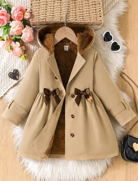 Abrigo de manga larga con capucha y forro polar para niña joven, color caqui, con decoración de lazo sólido, bolsillo y botones, para uso diario en - Shein - FashionsVida