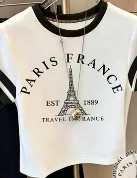 Pieza Camiseta de manga corta con diseño de rayas y Torre Eiffel de París, Francia, para niñas preadolescentes, con diseño ajustado y recortado en - Shein - FashionsVida