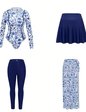 Conjunto de 4 piezas para mujer: Vestido de una pieza con estampado floral azul y falda transparente, mono de manga larga, y pantalones ajustados, tra - Shein - FashionsVida