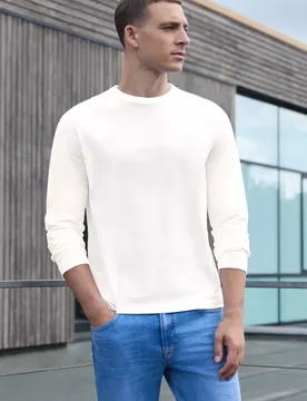 Street One Langarm Shirt mit Rundhals in Unifarbe male Weiß - Street One MEN - FashionsVida