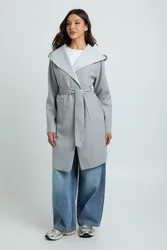 Womens Hooded Wool Look Coat - Grey - Size 14 Uk