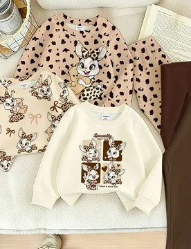 Conjunto de 2 piezas Maillard Vintage con estampado de leopardo y conejo para niñas jóvenes, sudadera de manga larga con cuello redondo y pantalones - Shein - FashionsVida