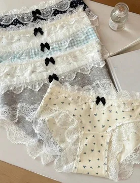 Piezas de bragas dulces para mujer estilo japonés con cuadros, lunares y ribete de encaje floral, estilo soft girl - Shein - FashionsVida