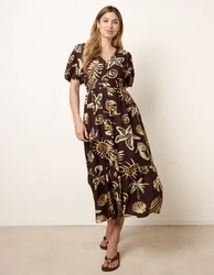 Tropical Button Through Midi Dress - S / CHOCOLATE - female
