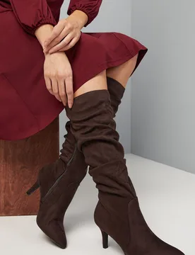 Womens Hista Ruched Mid Heel Pointed Knee Boots - Brown - Size Uk 8 - Wallis - FashionsVida