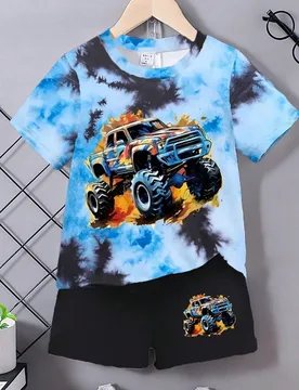 Conjunto de 2 piezas/Set Camiseta de manga corta y pantalones cortos personalizados para niños jóvenes, escuela, campus, universidad, vacaciones de - Shein - FashionsVida