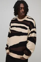 Herren Oversized Boxy Brushed Tiermuster Strickpullover Taupe Größe XS