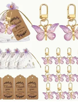 Butterfly shaped keychain gift set, 12 acrylic purple keychains, 12 brown cards, and 12 mesh drawstring bags, made of metal a - Aliexpress - FashionsVida