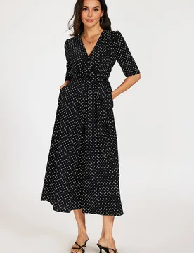 Women's Polka Dot Wrap Culotte Jumpsuit with Tie Waist in Black Size: Large - Black - Size: L - FS Collection - FashionsVida