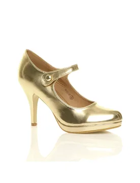 Women's High Heel Mary Jane Court Shoes in Metallic Gold Size: 6 - Metallic Gold - Size: 6 - Ajvani - FashionsVida