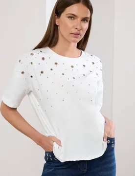 Women's Eyelet Detail Short Sleeve T-Shirt in White Size: 14 - White - Size: 14 - Star by Julien Macdonald - FashionsVida
