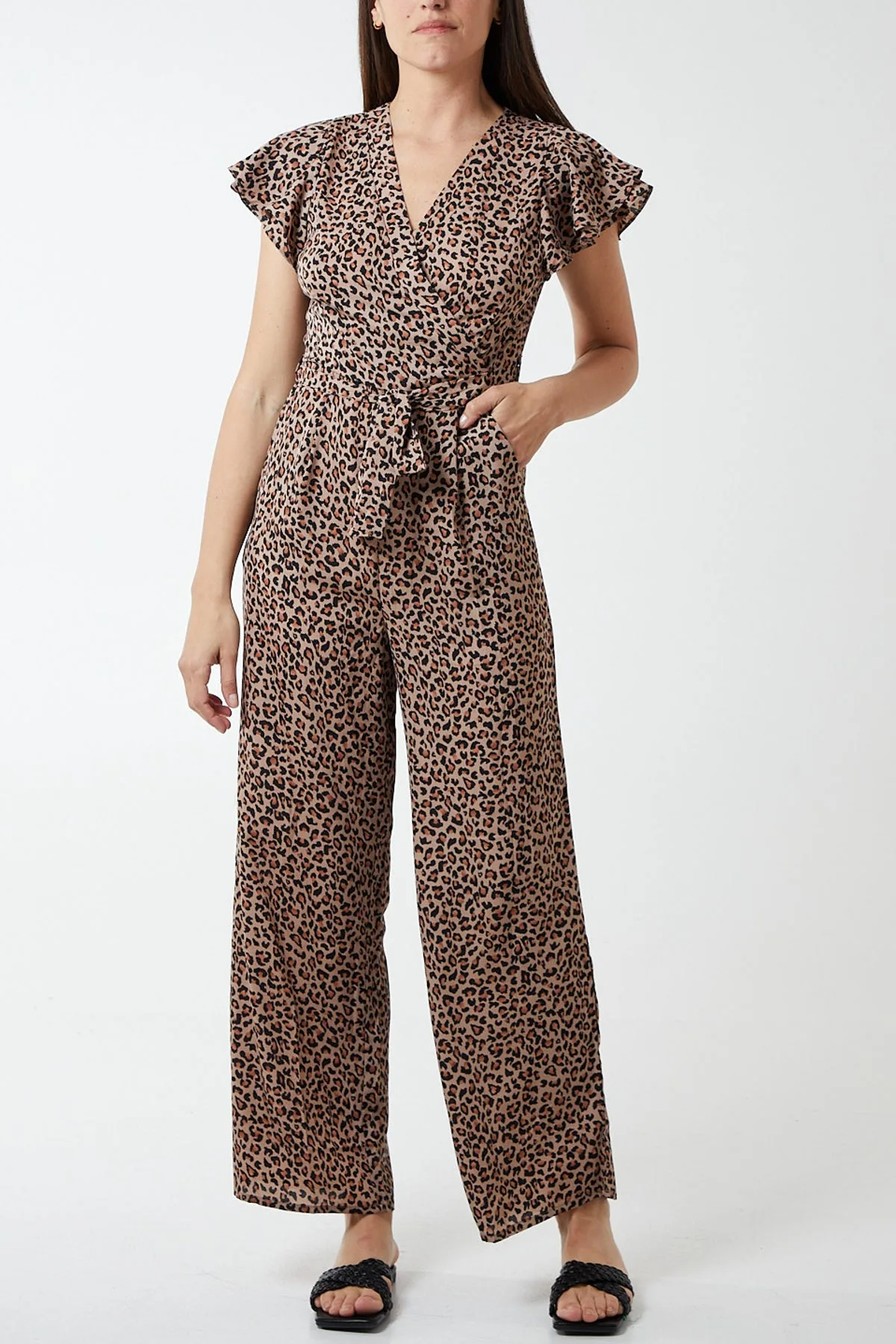 Leopard Print Wrap Front Frill Sleeve Jumpsuit - 10 / BROWN - female - Blue Vanilla - FashionsVida