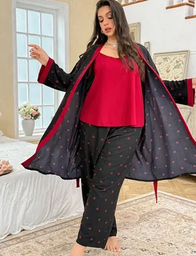 Conjunto de pantalón con estampado de cerezas y bata con parte superior de unicolor en talla grande, detalles florales abundantes y elegantes, ropa d - Shein - FashionsVida