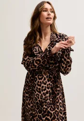 Margot Ruffle Neck Big Cat Print Midi Dress In Brown - 6