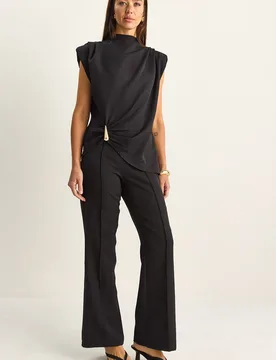 Womens High Waist Flare Leg Co-Ord Set - Black - Size Medium - Bianco Lucci - FashionsVida