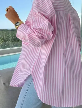 Camisa de manga larga con hombros caídos y rayas para mujer, de corte holgado y casual, adecuada para el trayecto y el uso diario, color rosa XL - Shein - FashionsVida