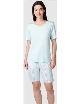 Pijama completo de mujer manga corta liso y cuello ligeramente pico - Massana - FashionsVida