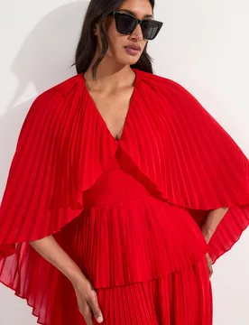 Womens Pleated Cape Sleeve Plunge Neck Woven Top - Red - Size 8 Uk - Karen millen - FashionsVida