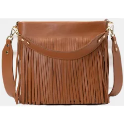 Bolso mediano de piel con flecos decorativos Doble asa ancha