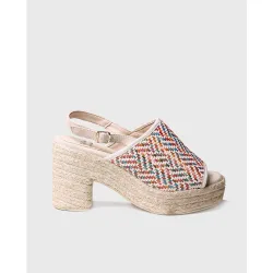 Sandalias de tacón de mujer de tejido estampado con hebilla