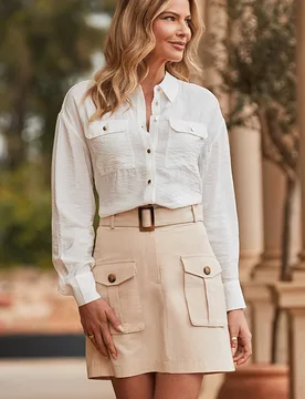 Womens Natural A-Line Utility Skirt With Linen - Cream - Size 18 Uk - Sosandar - FashionsVida