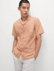 Linen Cotton Floral Embroidery Shirt Orange Mix male