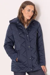 Women's Hooded Zig Zag Quilted Coat in Navy Size: XL - Navy - Size: XL