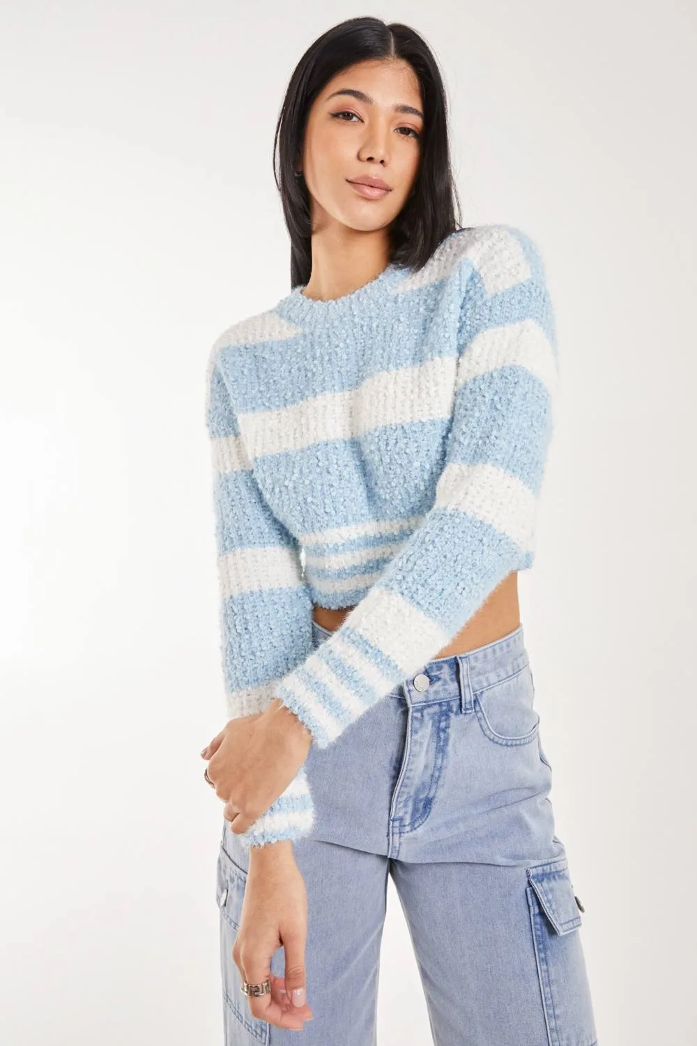 Women's Fluffy Cropped jumper in Blue Size: Small/Medium - Blue - Size: S/M - Pink Vanilla - FashionsVida