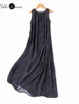 Extended Artistic Grey Vacation Style 100% Natural Mulberry Silk Crepe De Chine Round Neck Sleeveless Loose Tank Top Dress - Aliexpress - FashionsVida