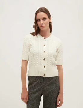 Pure Cotton Textured Crew Neck Cardigan Cream female - Hobbs - FashionsVida