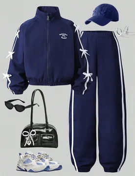 Conjunto de ropa casual y versátil para niñas, con bordado de letras blancas en la parte delantera, lazo de cinta blanca en las mangas y los lados d - Shein - FashionsVida