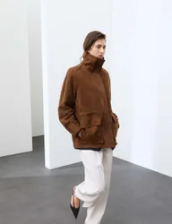 Suede Funnel Neck Longline Jacket Tan female