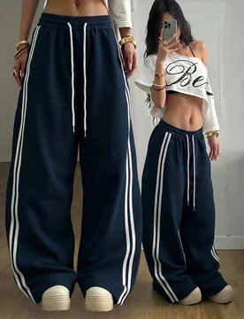 Pantalones de chándal de pierna ancha con cordón de color contrastante, cintura alta, rayas laterales y bolsillos, pantalones deportivos de baile co - Shein - FashionsVida