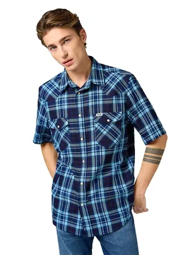 Camicia A Maniche Corte Western Latigo Indigo S - Wrangler - FashionsVida