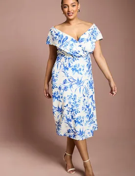 Women's Plus Printed Bardot Midi Dress In Floral Print in Ivory Size: 22 - Ivory - Size: 22 - Coast - FashionsVida